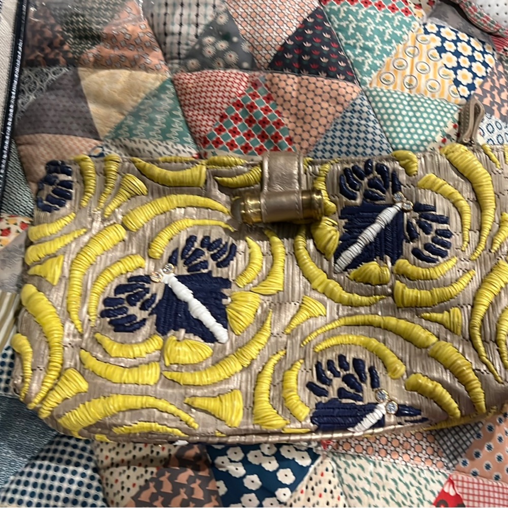 R&Y Augousti Yellow and Blue Clutch with Ornate Design